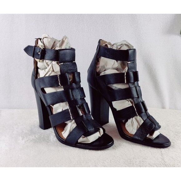 Steve Madden Black Leather Gladiator Sandal Stacked 4" Black Heel Sexy Size 7.5 - Picture 10 of 10